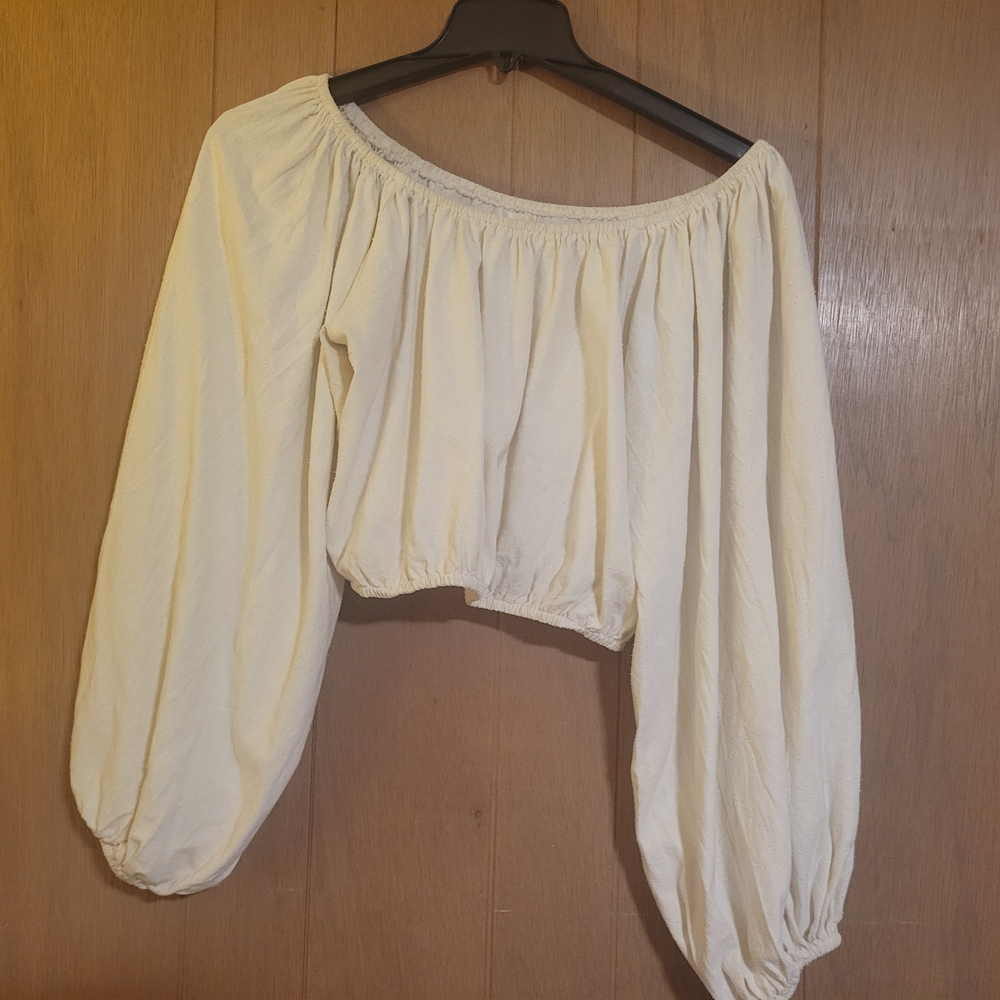 Cream Smocked Crop Blouse with Balloon Sleeves